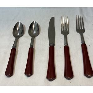 Vintage Red Bakelite Handle Stainless Steel Flatware Knives Forks Spoon